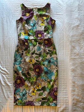 Alexia Admor White Midi Dress with Purple, Teal & Yellow Floral Print
